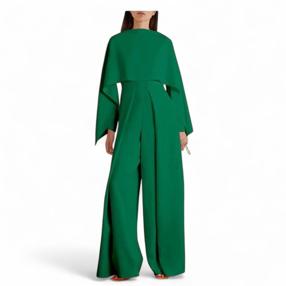 OSHOPLIVE Green Flowy Wide Leg Long Sleeve Pants Jumpsuit